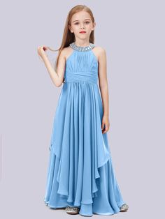 Beaded Halter Chiffon Junior Bridesmaid Dress Jr Bridesmaid Dresses Blue, Bridesmaid Dresses Purple, Silver Bridesmaid Dresses, Pool Dress, Royal Blue Bridesmaid Dresses, Lilac Bridesmaid Dresses, Dress Georgette, Orange Bridesmaid Dresses, Full Maxi Skirt