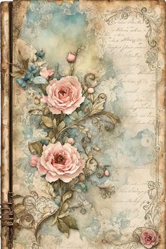 an old fashioned card with pink roses on the front and blue flowers on the back