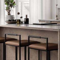 two brown barstools sitting on top of a counter next to a potted plant