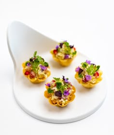 small appetizers are arranged on a white platter with a spoon in the background