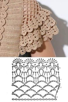 crochet patterns are shown on the left and right side of this photo, with an image of a woman's torso