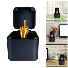 a black box with two golden fingers in it and other pictures of the same item