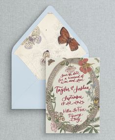 two cards with butterflies on them are next to an envelope that says, together we will be