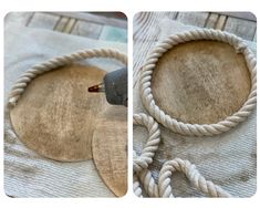 two pictures showing the process of making rope coasters