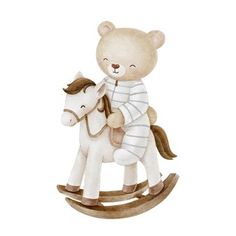 a watercolor painting of a teddy bear riding on a rocking horse with another toy