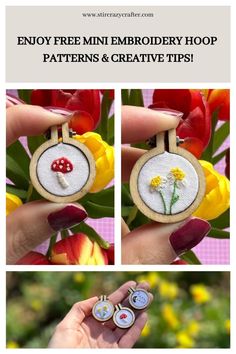 Using a mini embroidery hoop isn't as hard as it may seem. In this post, I take you through the process of how to do it. PLUS, get 3 free embroidery patterns! Tiny Hand Embroidery Patterns Free, Mini Embroidery Patterns Free, Tiny Embroidery Designs, Miniature Embroidery Patterns Free, Small Embroidery Projects, Mini Embroidery Designs, Mini Embroidery Hoop Ideas, Embroidery Keychain Diy, Tiny Embroidery Patterns