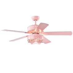 a pink ceiling fan with two lights on it's sides and a light fixture in the middle