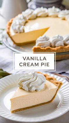 vanilla cream pie on a white plate with the words vanilla cream pie in front of it