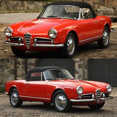 an old red sports car is shown in two different photos, one showing the front and side views