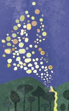 an illustration of a person standing in front of a blue sky with lots of bubbles coming out of it