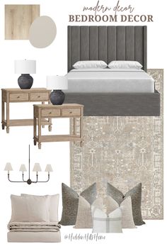 Modern classic bedroom mood board with dark gray upholstered bed and neutral complimentary tones throughout Grey Bed Board Bedroom Ideas, Grey Bed Bedding, Gray Tufted Headboard Bedroom Decor, Grey Bed With Wood Furniture, Natural And Grey Bedroom, Neutral Bedroom Grey Headboard, Grey Bed With Beige Bedding, Grey Headboard Bedroom Modern