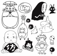 an image of various cartoon characters on a white background with black and white outlines