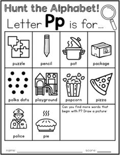 an alphabet worksheet with pictures and words to help students learn the letter p