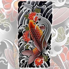 an artistic tattoo design with koi fish and flowers