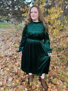 Emerald Green Velvet Dress Mock neck with ruffle long sleeve and elastic waist. AND! IT HAS POCKETS! True to size Becca is wearing size Medium 100% Polyester Emerald Green Velvet Dress, Emerald Green Velvet, Green Velvet Dress, New Deck, Ruffle Long Sleeve, Holiday Dress, Christmas Dress, Green Velvet, Holiday Dresses