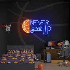 a bed room with a neatly made bed and a neon sign above it that says never give up