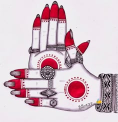 a drawing of a hand that has red and white designs on the palm, which is decorated with beads