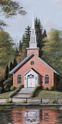 a painting of a red brick church with a white steeple next to the water