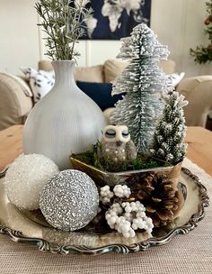 an arrangement of christmas decorations on a tray