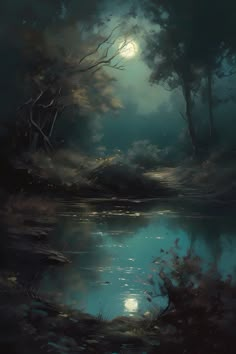 an image of a night scene with the moon in the sky and trees on the water