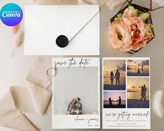 an envelope with some photos on it next to flowers and a card that says save the date