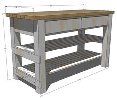 an image of a kitchen island with measurements for the top and bottom shelves on it