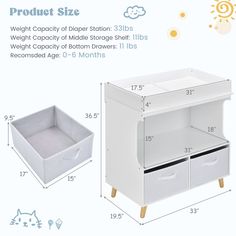 the product size for this baby changing table is shown in white and features two drawers, one