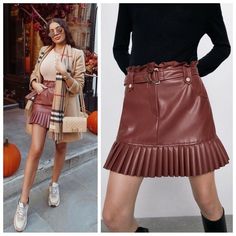 Brand New With Tags. Skirt Comes With Belt. Size Small And Large. Chic Pleated Leather Bottoms, Fall Belted Skirt For Day Out, Fall Day Out Belted Skirt, Trendy Brown Mini Skirt For Fall, Fall Belted Mini Skirt, Chic Pleated Faux Leather Bottoms, Chic Faux Leather Skirt For Fall, Fall Pleated Mini Skirt For Office, Trendy Brown Fall Mini Skirt