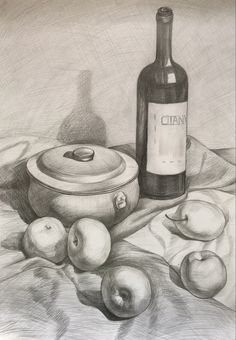 a drawing of apples and a bottle on a table