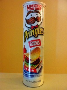 a can of pringles cheese burger sitting on a counter