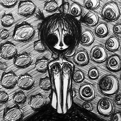 a black and white drawing of a girl surrounded by circles with her hands on her hips