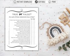 a printable true or false checklist next to a wooden comb and flowers on a table