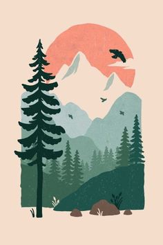 a mountain scene with pine trees and birds flying over the mountains at sunset or sunrise