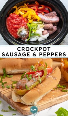 two pictures with different types of hot dogs on them and the words crockpot sausage & peppers