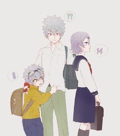 three people standing next to each other with backpacks