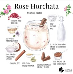 the ingredients for rose horchata are shown in this watercolor drawing, including cinnamons, powdered sugar and vanilla