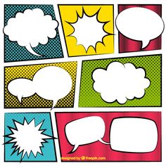 pop art comic speech bubbles with different colors and shapes on the bottom one has an empty thought bubble