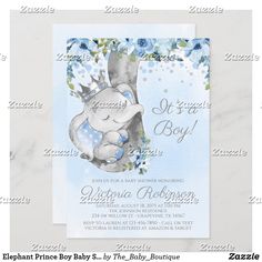 an elephant is sitting on top of a blue flowered birth card with the words it's a boy