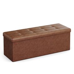 a brown leather storage bench on white background