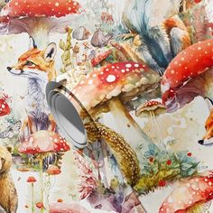 a painting of mushrooms and foxes on a white background