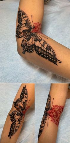 two pictures of the same butterfly on someone's leg