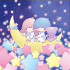 two children sitting on the moon with stars in the night sky behind them and teddy bears