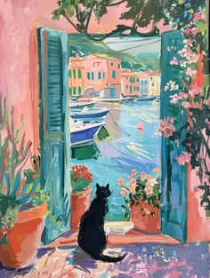 #BlackCat #HenriMatisse #Window #Flowers #PottedPlants #Harbor #PinkWalls #Greenery #SoftPastelColors #3:4AspectRatio #TheCandie Matisse Window Paintings, Matisse Window, Window View Painting, Matisse Open Window, Matisse Cat, Matisse Inspired Art, Cat Art Prints, Black Cat Sitting