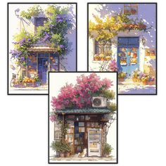 three paintings of an old building with flowers on it