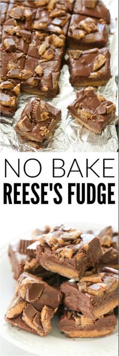 no bake reese's fudge on a white plate with the words, no bake reese's fudge