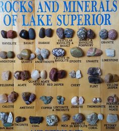 the rocks and minerals of lake superiorior are displayed on a wooden paneled wall