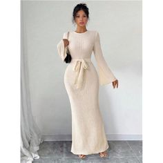 -Item Id 38405977 -Details: Belted, Rib-Knit -Neckline: Round Neck -Sleeve Type: Flare Sleeve -Style: Elegant -Type: Fitted -Waist Line: High Waist -Hem Shaped: Mermaid -Color: Apricot -Pattern Type: Plain -Sleeve Length: Long Sleeve -Fit Type: Slim Fit -Length: Maxi -Material: Knitted Fabric -Composition: 95% Polyester, 5% Elastane -Care Instructions: Machine Wash Or Professional Dry Clean -Sheer: No -Fabric: Slight Stretch **Open To Offers!!!** **Bundle To Save More** **30% Off Bundles Of 2 Or Bell Sleeve Dress, Flared Sleeves, Spring Dresses, Sleeve Styles, Bell Sleeves, Rib Knit, Going Out, Types Of Sleeves, Sleeve Length