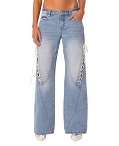 Edikted Low Rise Ribbon Lace Up Jeans in Light Blue Lei Low Rise Jeans, Lace Up Low Rise Jeans, Affordable Beachy Low-rise Bottoms, Loose Lowrise Jeans, Cheap Low-rise Women's Jeans, Women Lace, Low Rise, Buy Online, Straight Leg