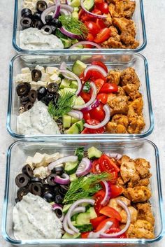 three plastic containers filled with different types of food