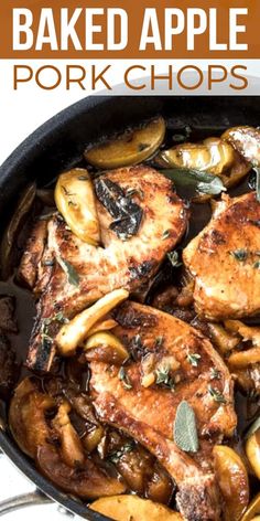 baked apple pork chops in a cast iron skillet